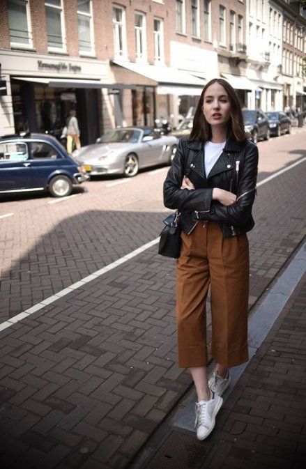 Leather jacket with brown pants
