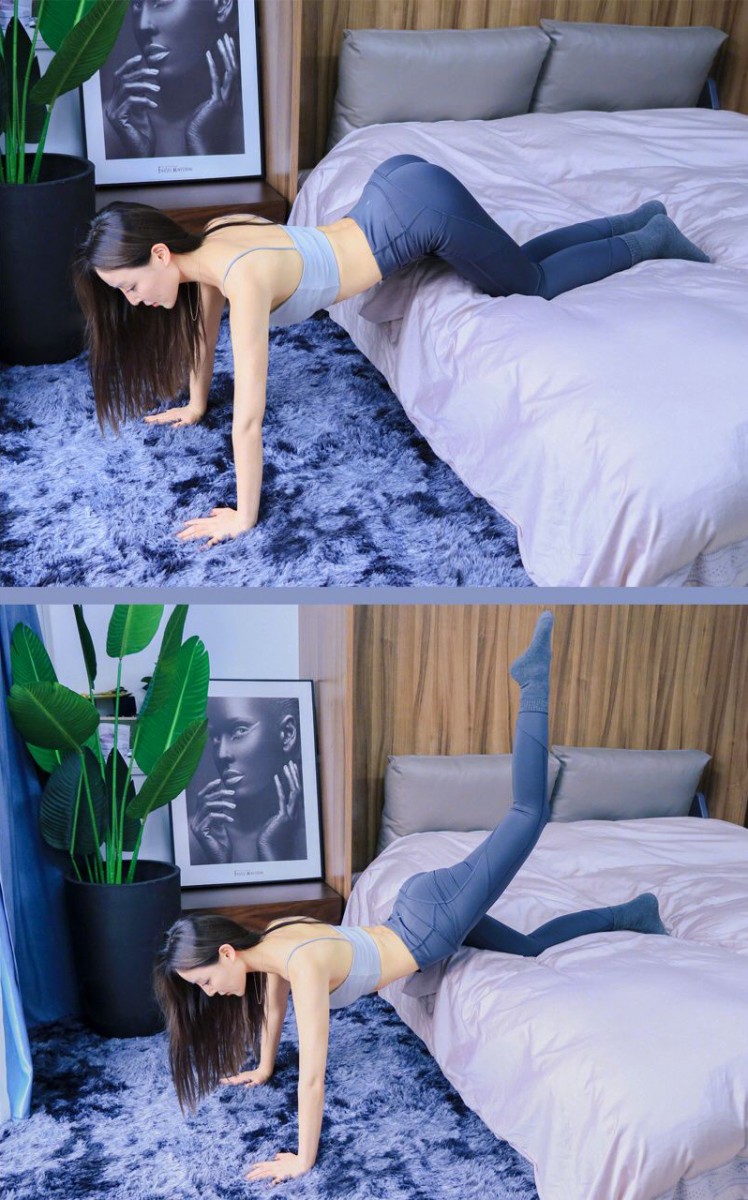 Kicking exercise on the bed