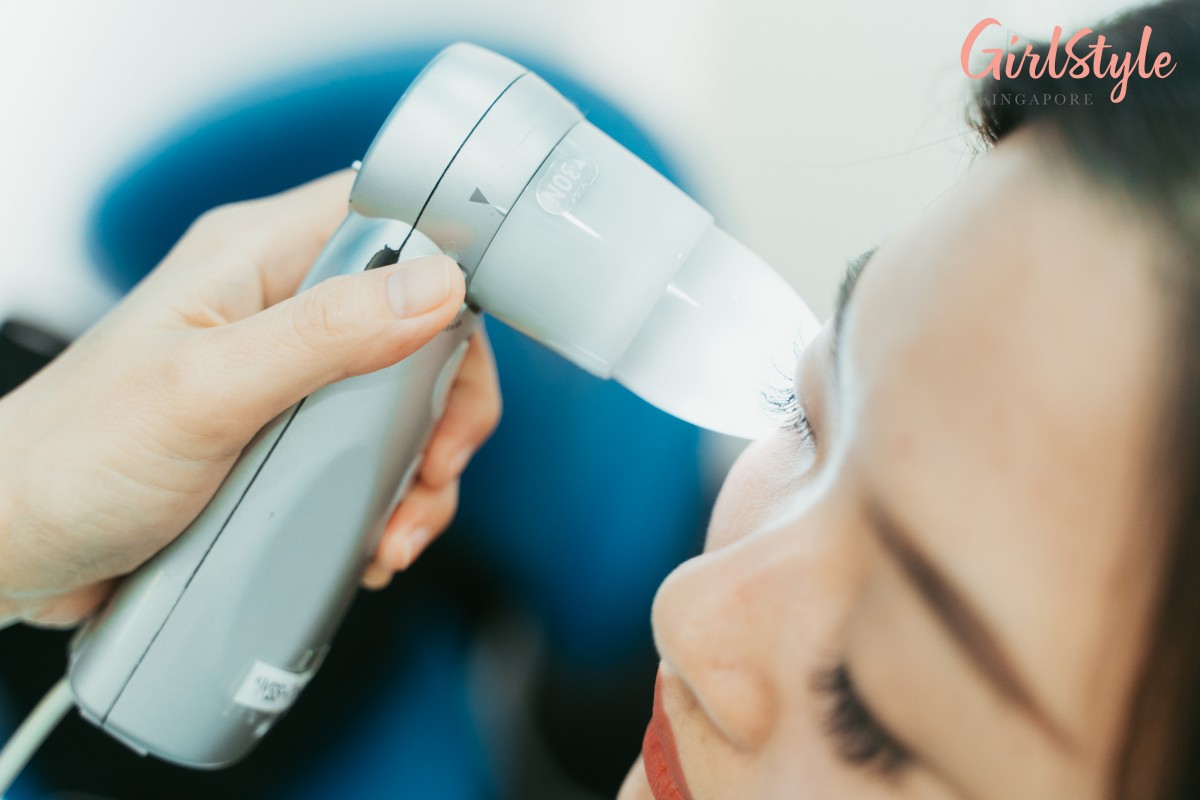 Model doing skin analysis