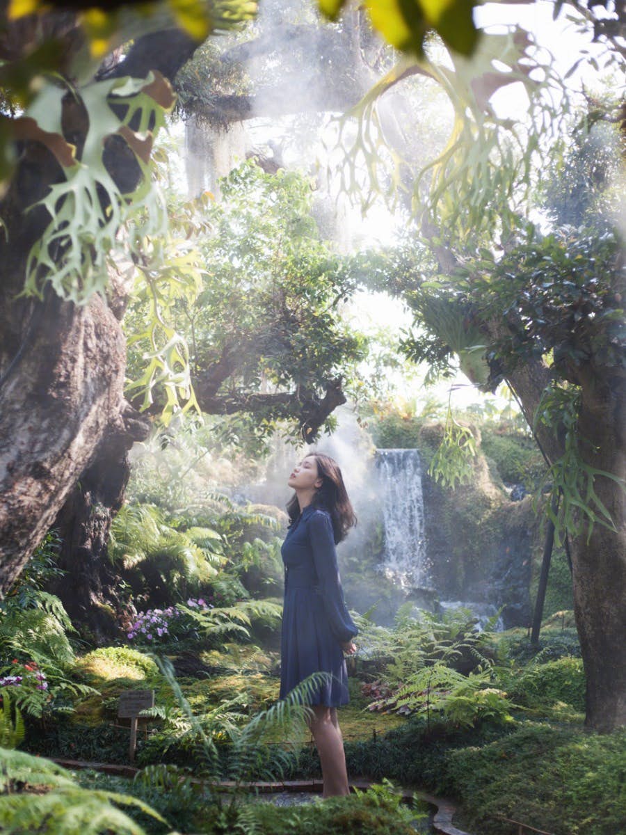 Girl posing in the forest looking up