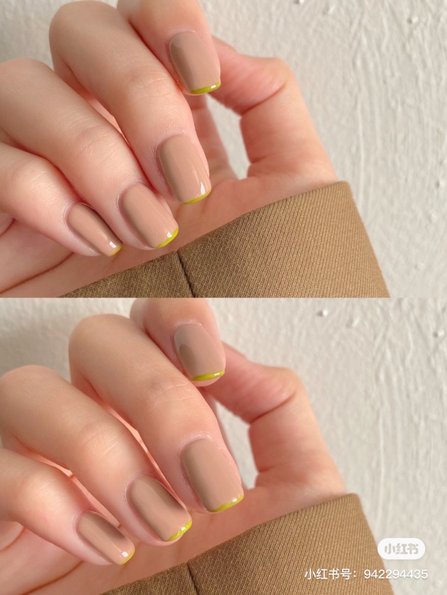 Nude nails with neon yellow tips