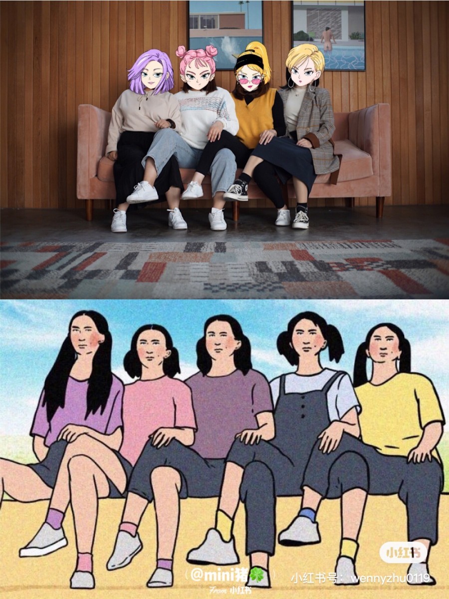 Friends posing with one leg on each other