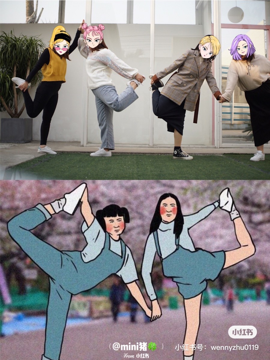 Friends posing by lifting one leg