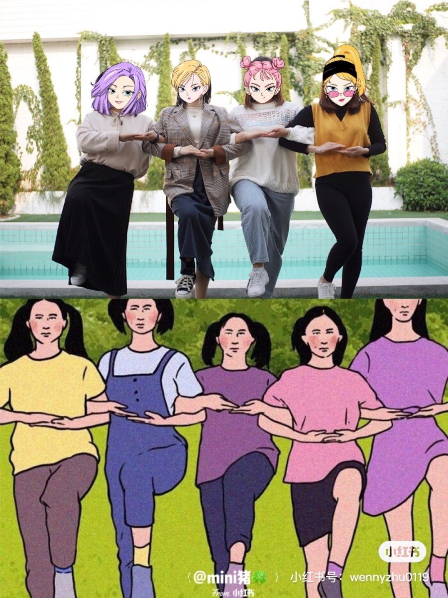 Friends posing by linking arms and lifting one leg