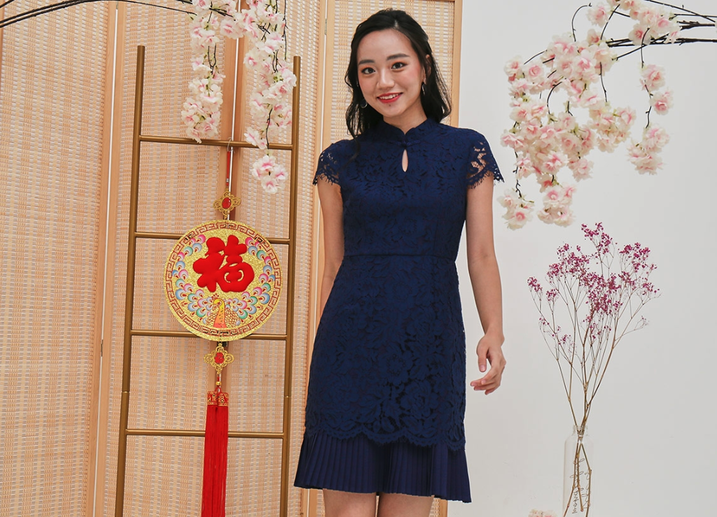 Blue lace cheongsam dress
