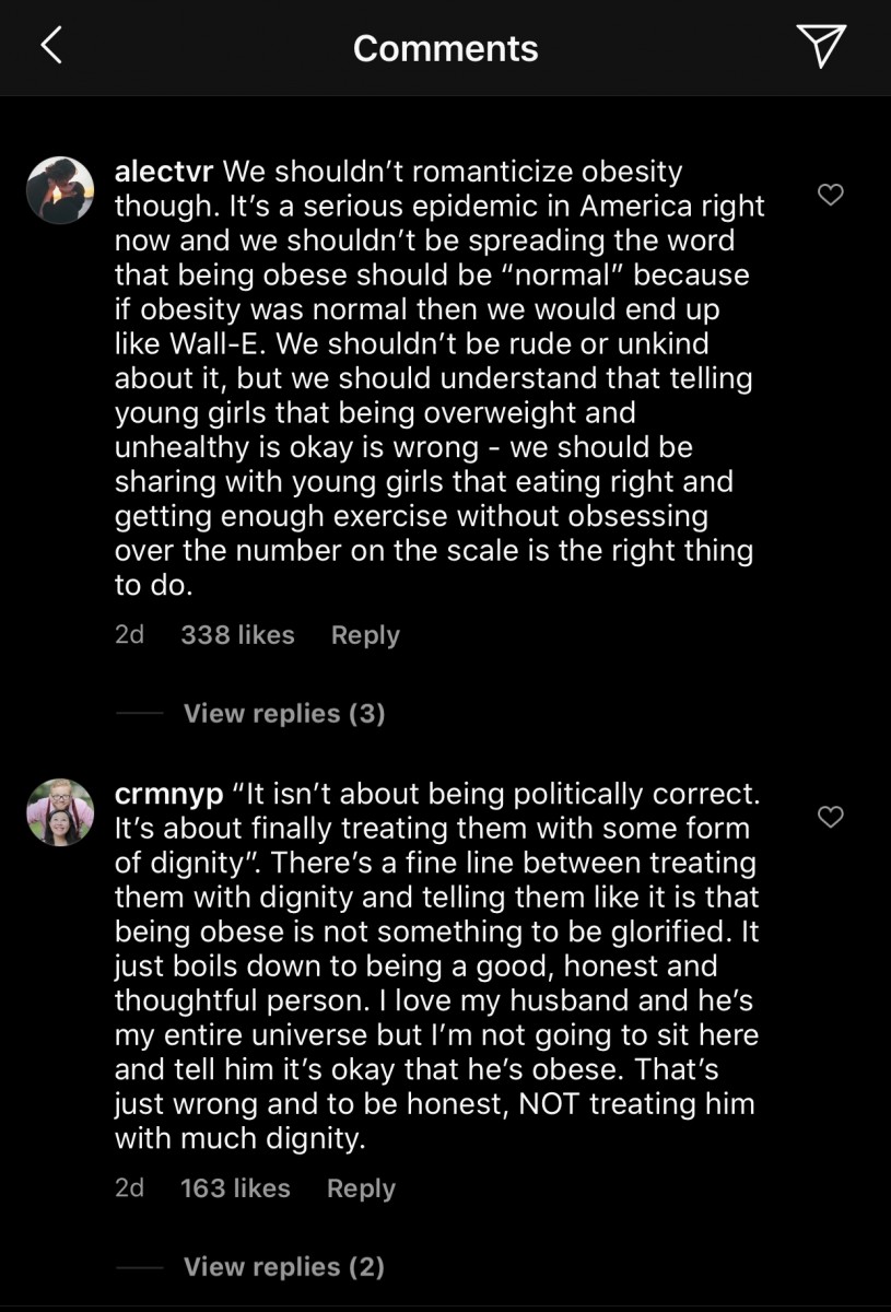 Instagram comments about the Xiaxue controversy regarding obesity in media
