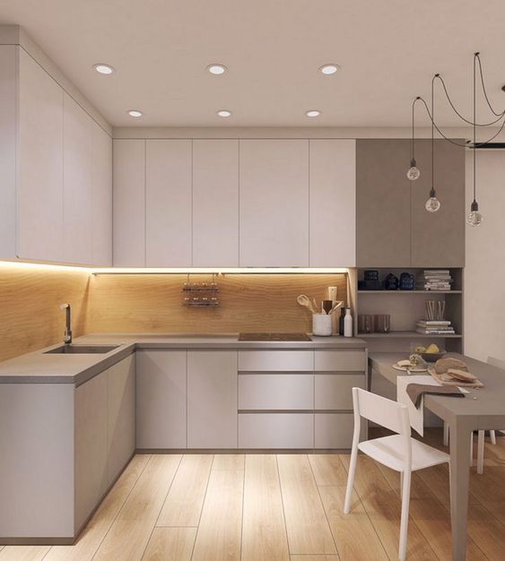 Kitchen with cabinet and floor hidden lights