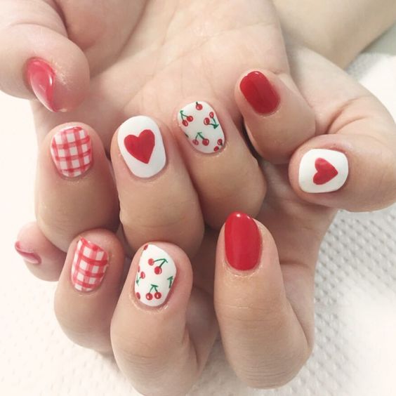 Cherry and red heart nails