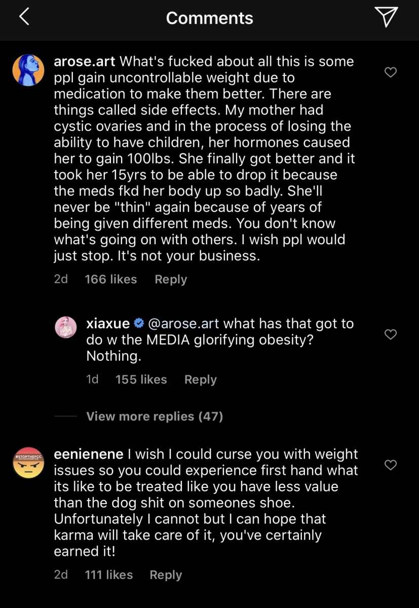 Instagram comments about the Xiaxue controversy regarding obesity in media