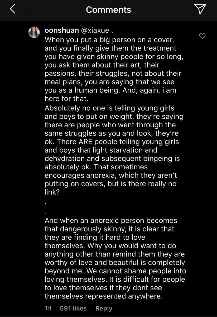 Instagram comments about the Xiaxue controversy regarding obesity in media