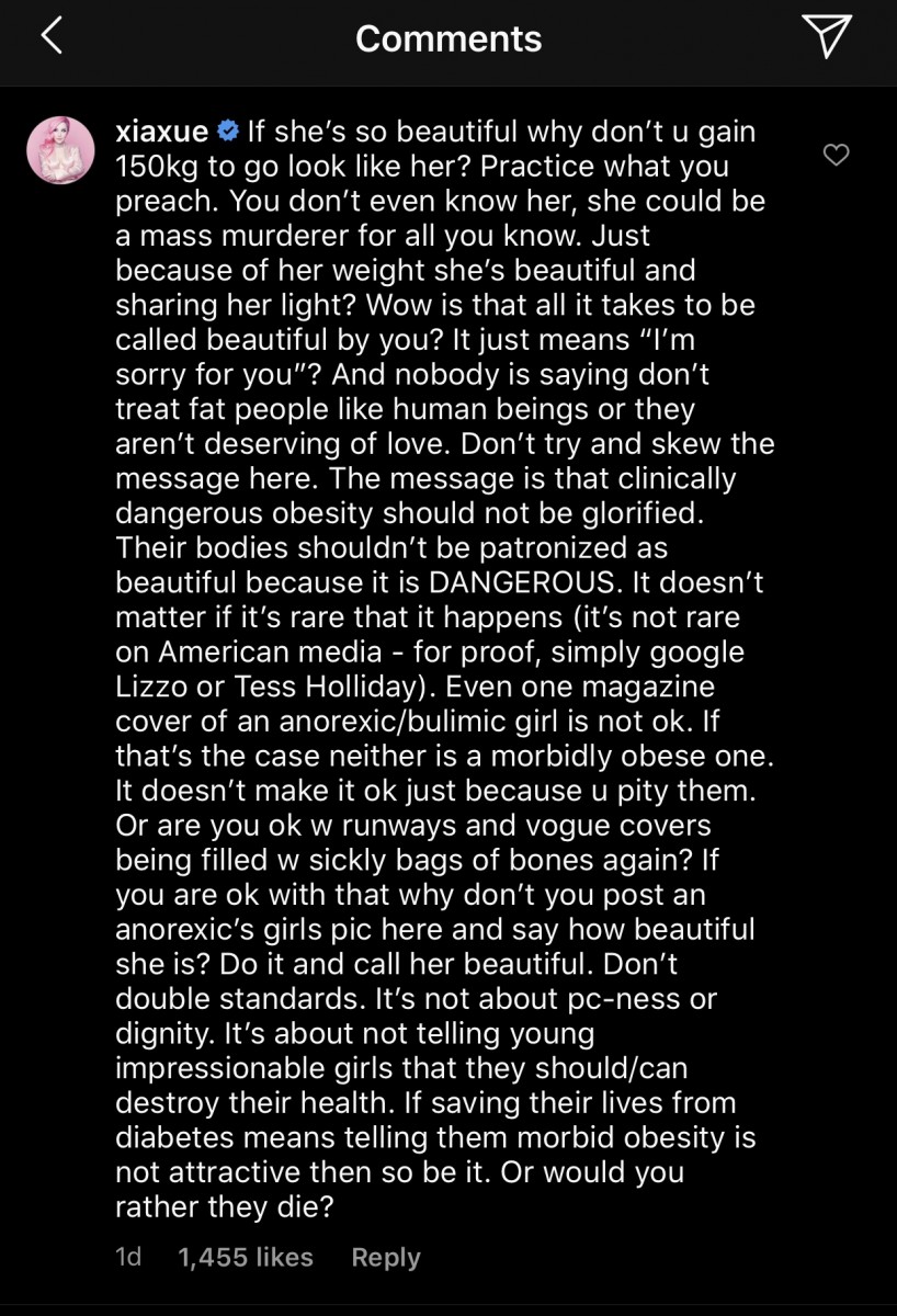 Instagram comments about the Xiaxue controversy regarding obesity in media