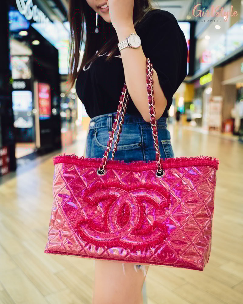 Chanel tote Crafted from quilted vinyl in an eye-catching pink and detailed with tweed trims