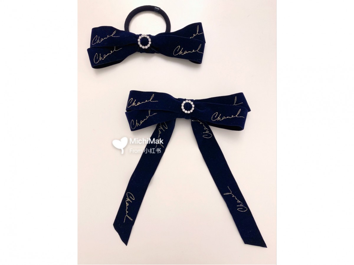 Chanel ribbon hair tie and badge