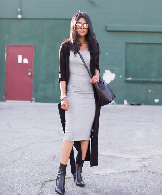woman wearing bodycon dress and maxi cardigan