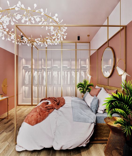 pink bedroom with ceiling lights