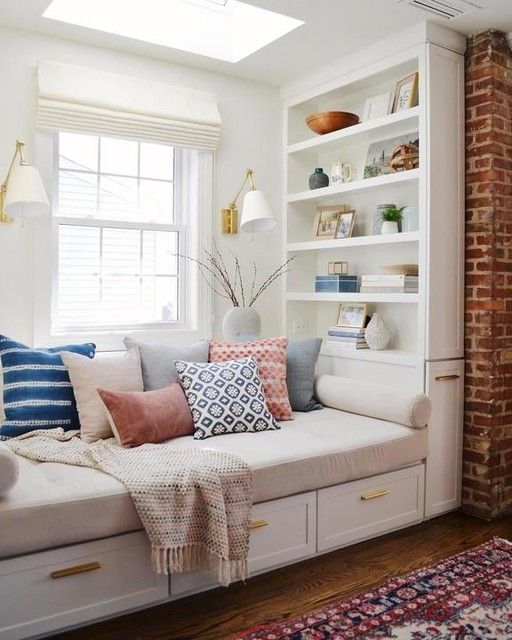 Bay window and shelves with books