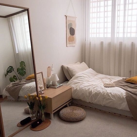 Korean-style bedroom interior design minimalist with leaning mirror