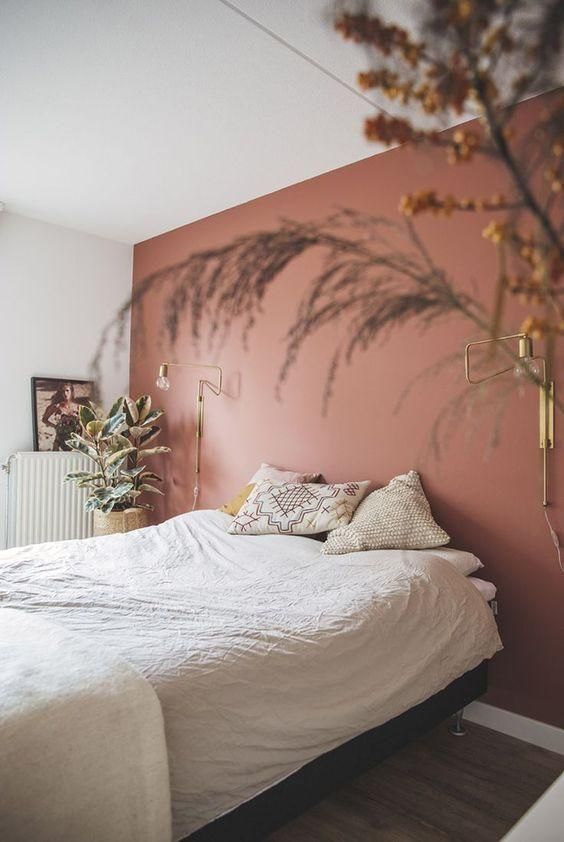 Terracotta pink wall in bedroom