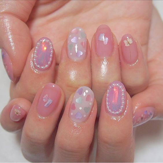 Japanese Nail Art Ideas: Cute Candy-Inspired Nails pink with pearls and sparkles
