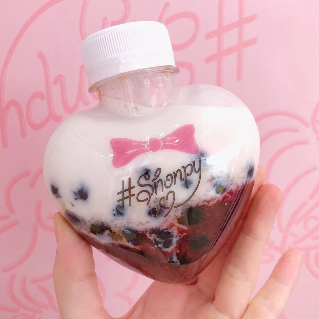 Shonpy bubble tea in a heart-shaped bottle in harajuku, tokyo
