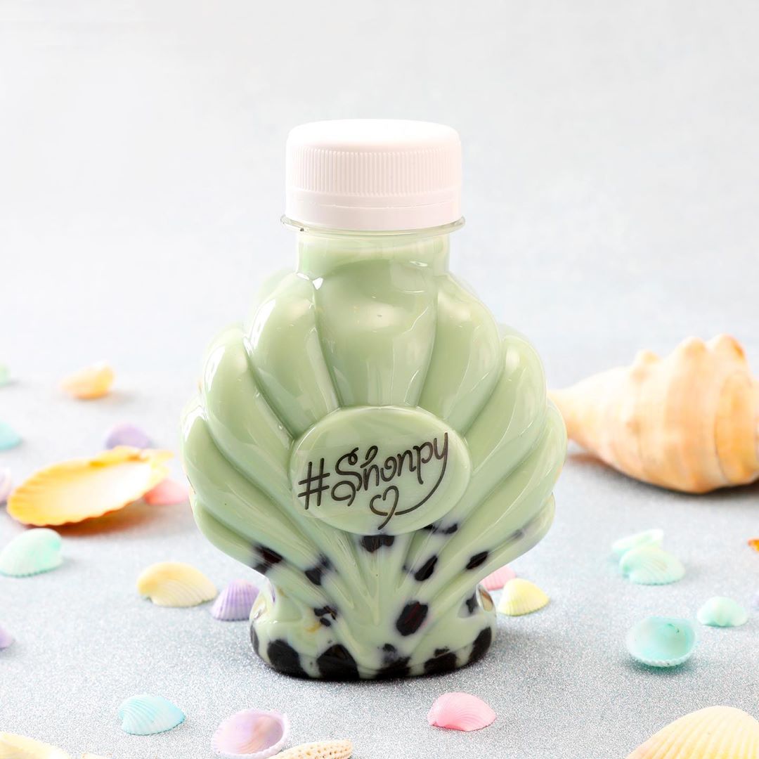 Shonpy bubble tea in a shell-shaped bottle in harajuku, tokyo