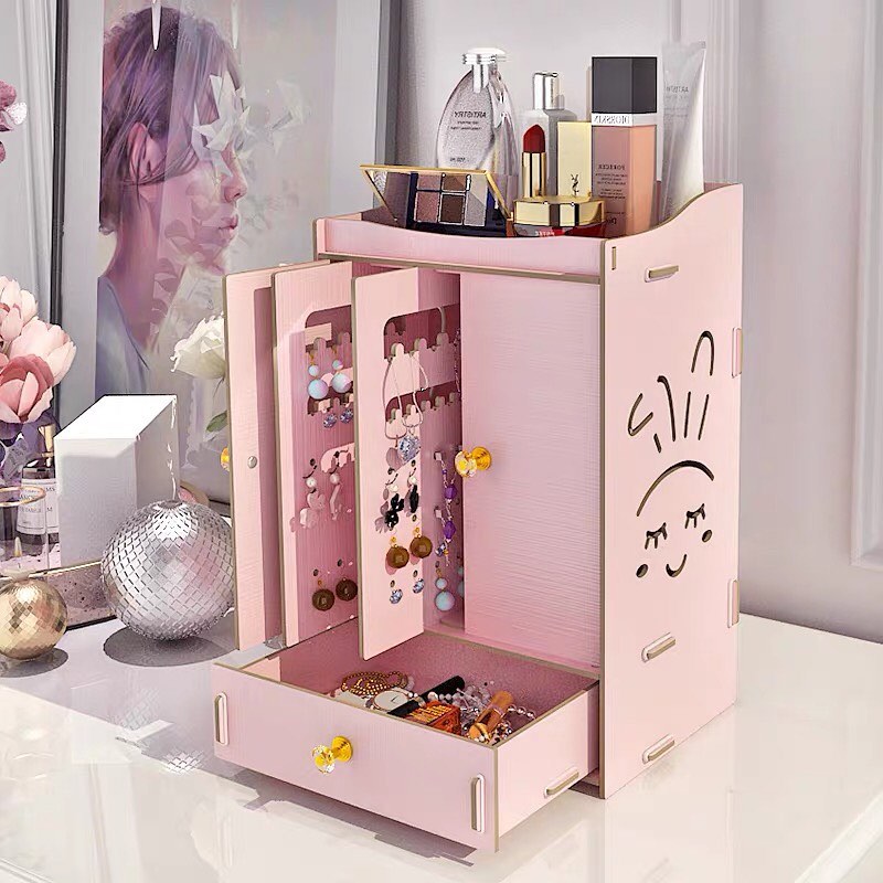 Cute & Cheap Jewellery Organisers vertical sliding doors jewellery box in pink for earrings, rings, necklaces and bracelets in pink with a bunny face