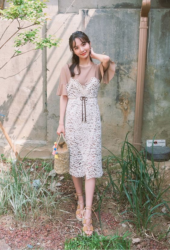 korean fashion style white lace midi dress over nude top
