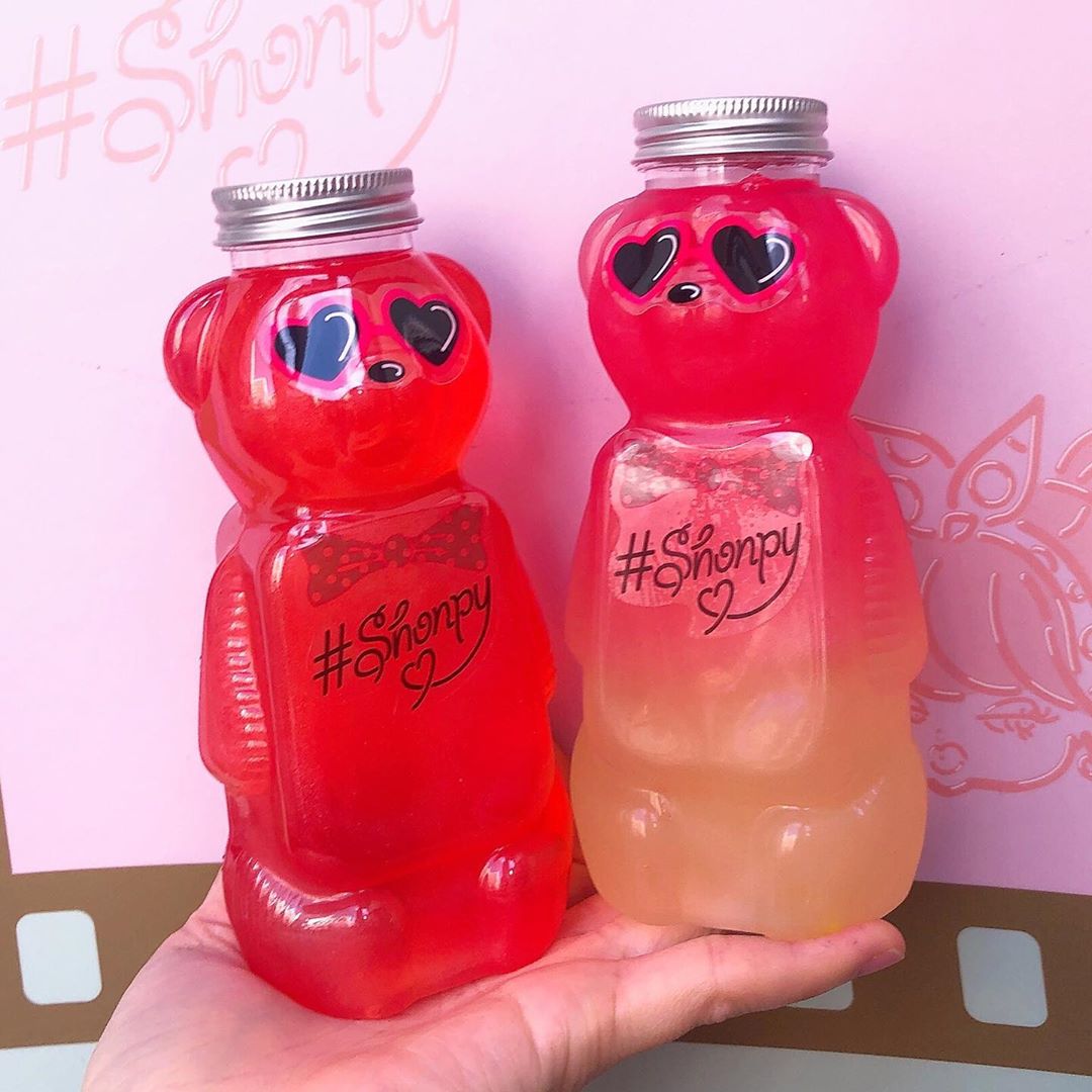 Shonpy sparkling drinks in a bear-shaped bottle in harajuku, tokyo
