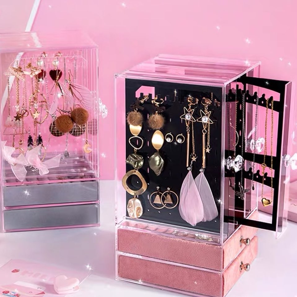 Cute & Cheap acrylic Jewellery Organisers vertical sliding doors and drawers for earrings, rings, necklaces and bracelets