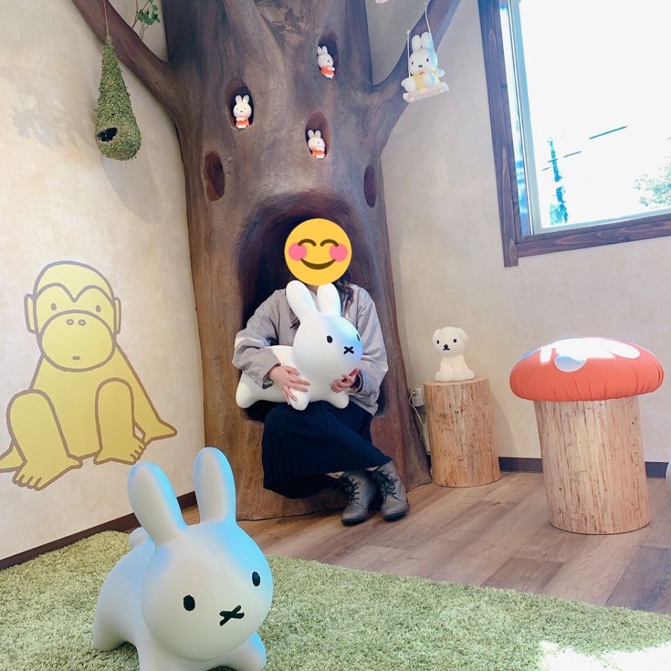 Miffy Sakura Kitchen in kyoto, tokyo, second floor seating area for children with 3d life-sized tree and mushrooms