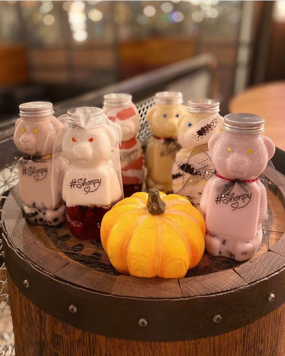 Shonpy bubble tea in a bear-shaped bottle in harajuku, tokyo halloween edition