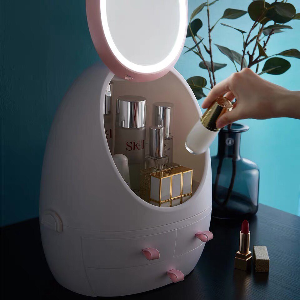 cute skincare Storage box with LED light and mirror lit up at night hd mirror