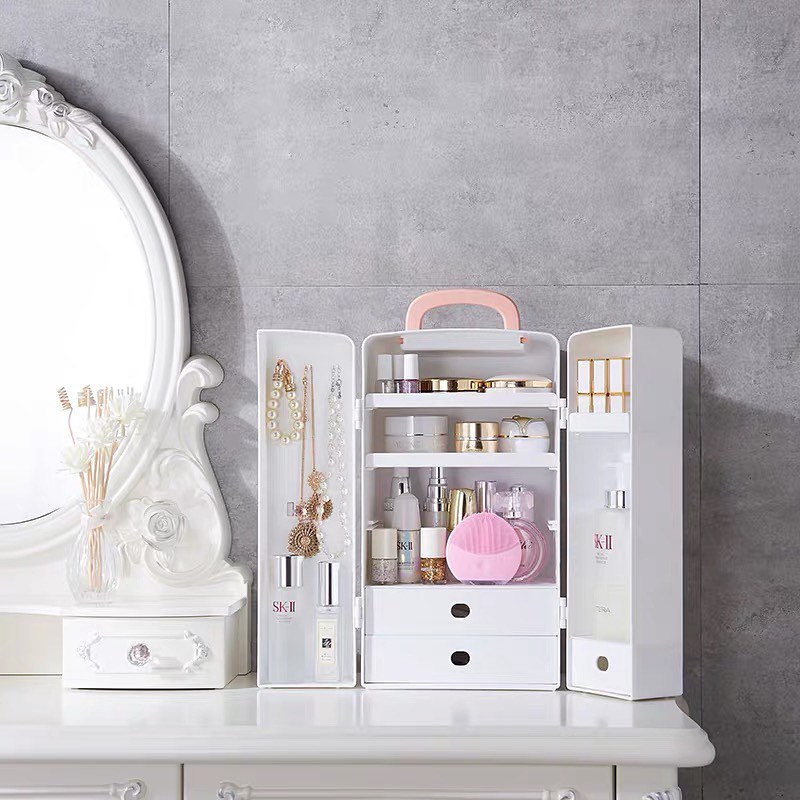 cute white Double Doors with pink bow Cosmetic, makeup and skincare Storage Box opened drawers, shelves for lipsticks and jewellery