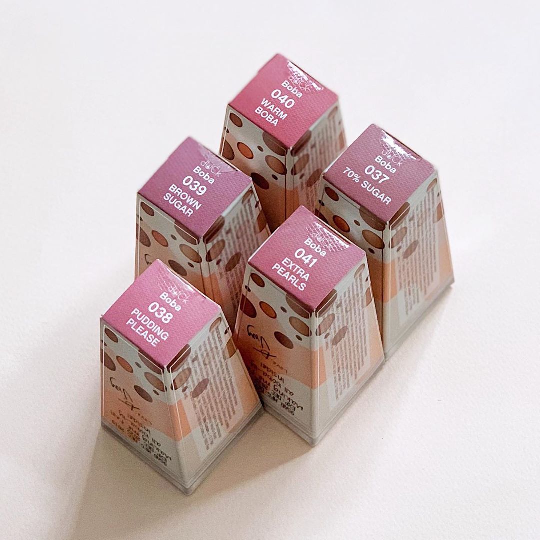 dUCK Cosmetics and Tealive bubble tea boba tea lipsticks all five shades in boxes packaging