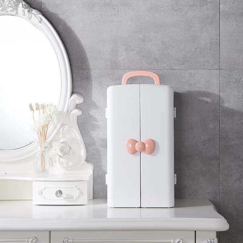 cute white Double Doors with pink bow Cosmetic, makeup and skincare Storage Box