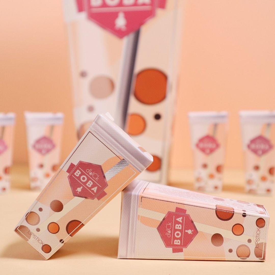 dUCK Cosmetics and Tealive bubble tea boba tea lipsticks packaging box