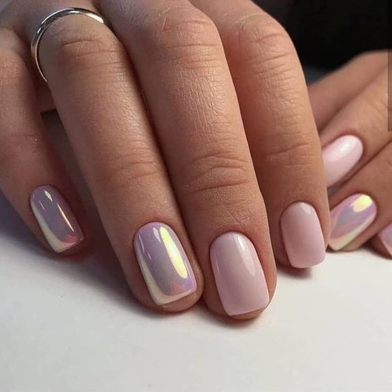 Pastel pink nails and pastel pink holographic nails