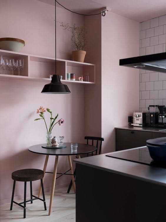 Pink walls in kitchen