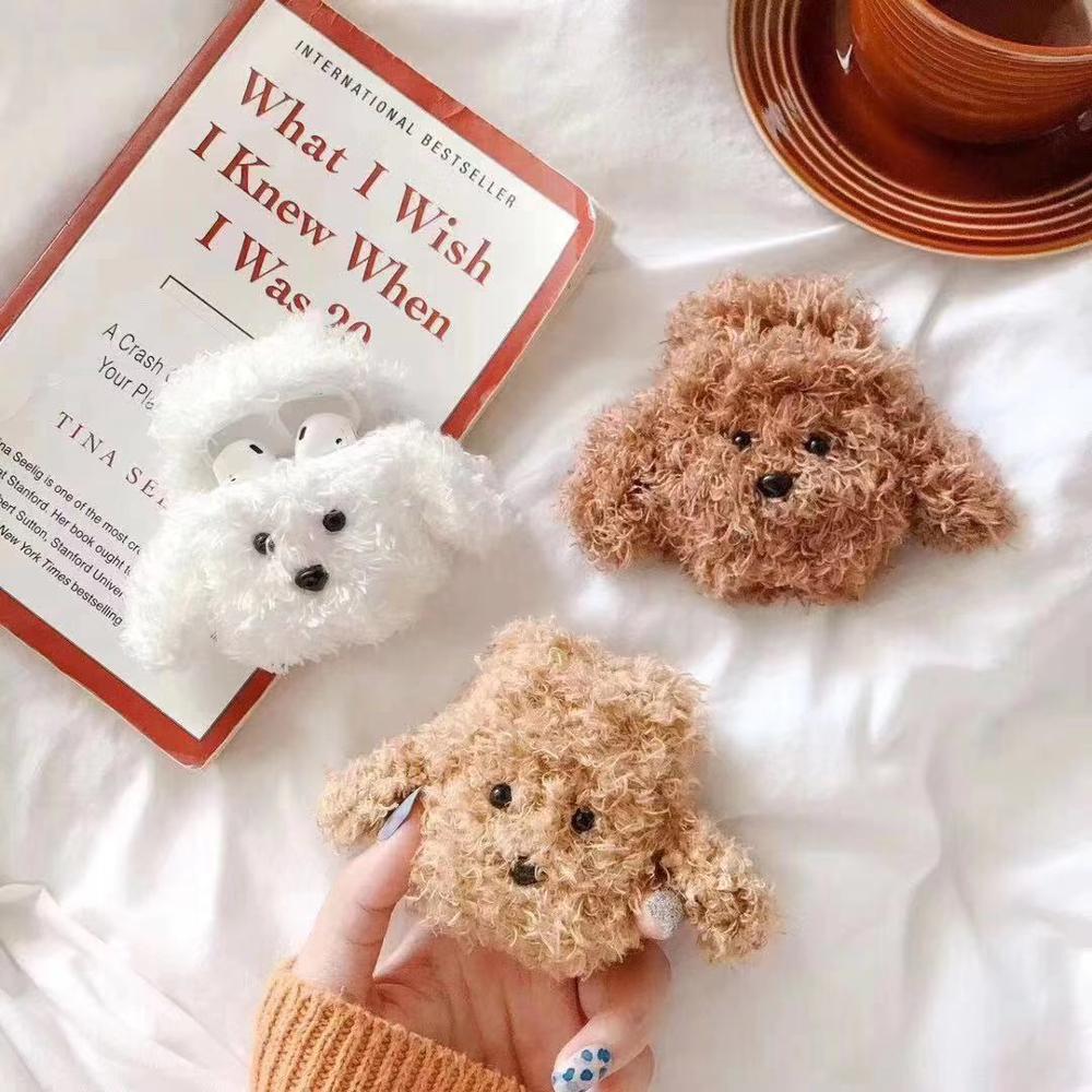 cheap airpods case with a cute fluffly poodle design in dark brown, light brown and white