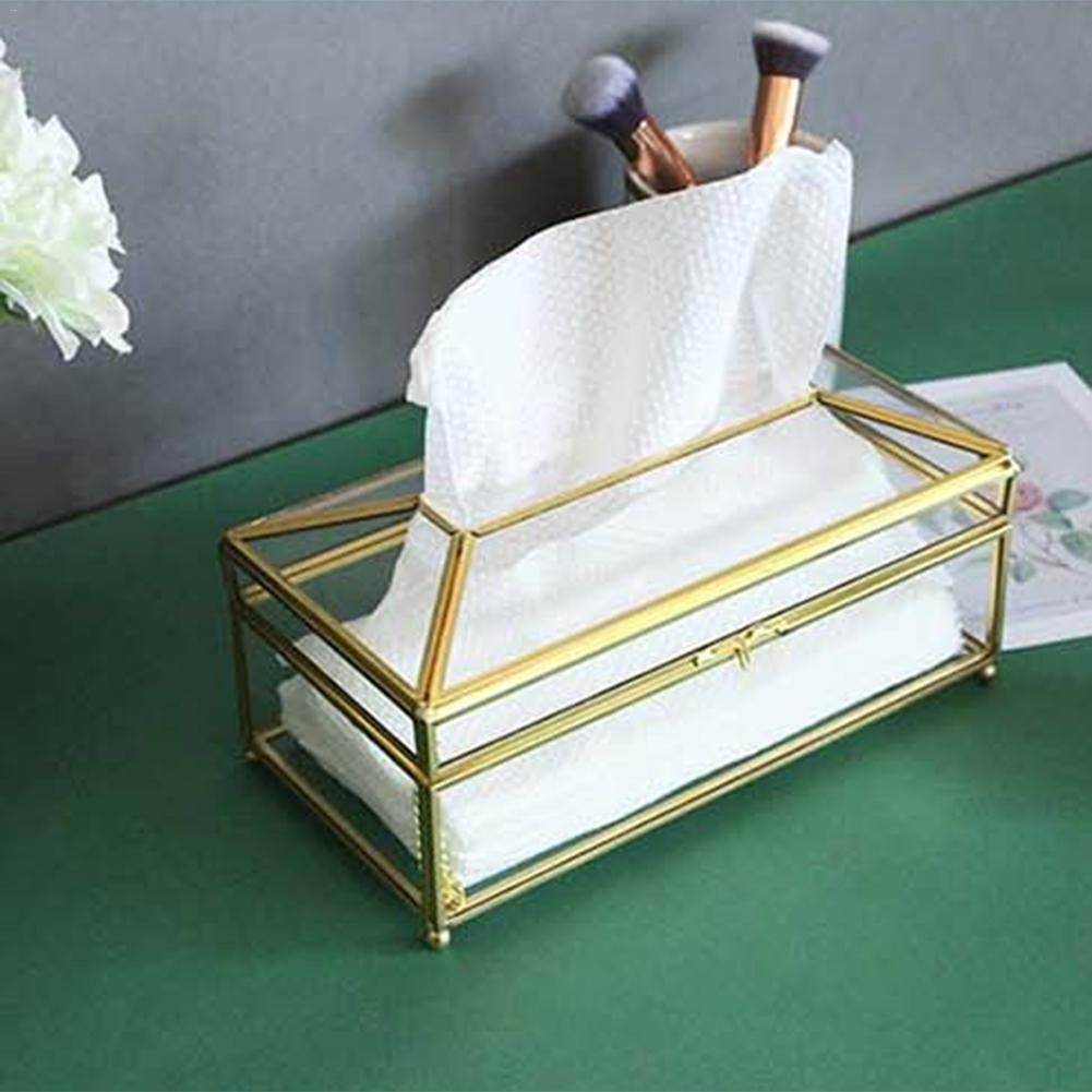 cute cheap tissue paper box cover in transparent glass and gold luxurious design