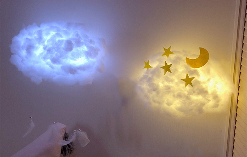 realistic-looking cloud night light, a lamp made of cotton with white and yellow light