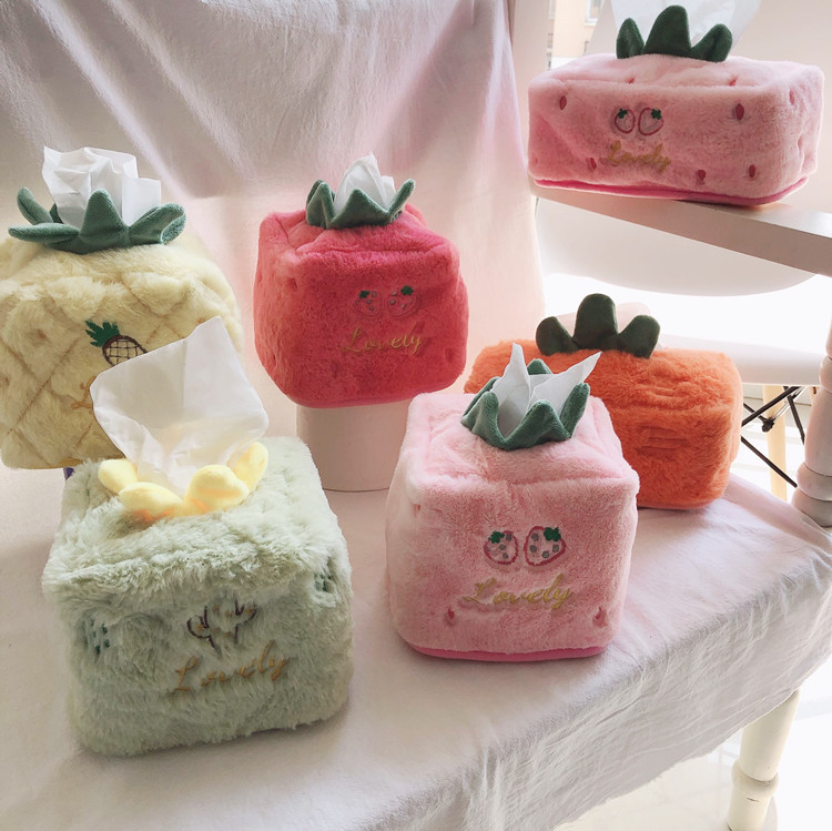cute cheap tissue paper box cover shaped like fruits like strawberry, pineapple, pumpkin