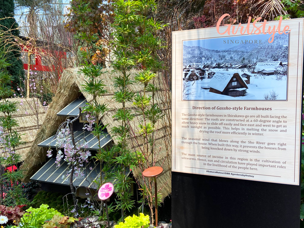 Gassho-style farmhouses historical Japan Sakura Matsuri - Tale of the Peach Boy floral display at gardens by the bay