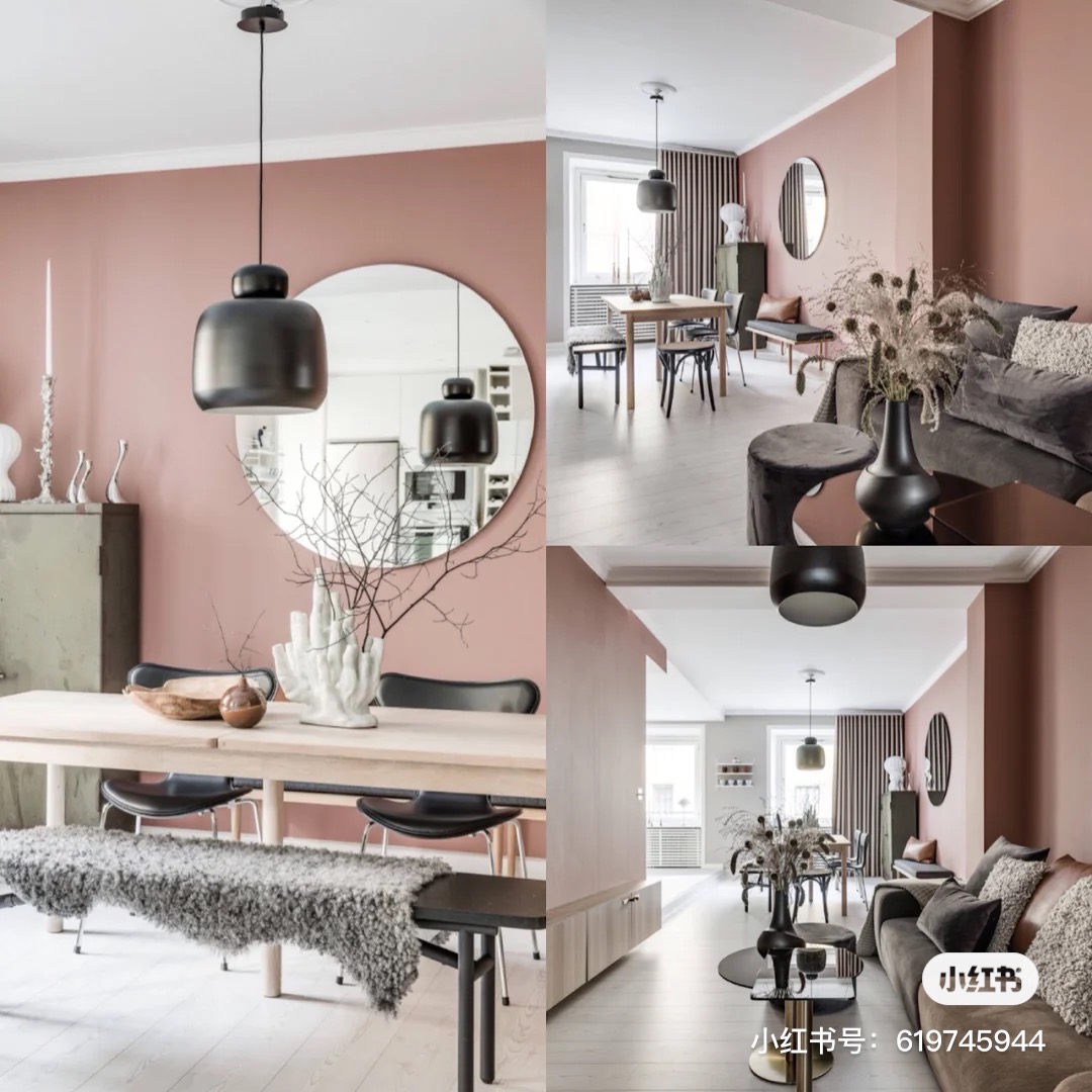 Mauve pink living room and dining area