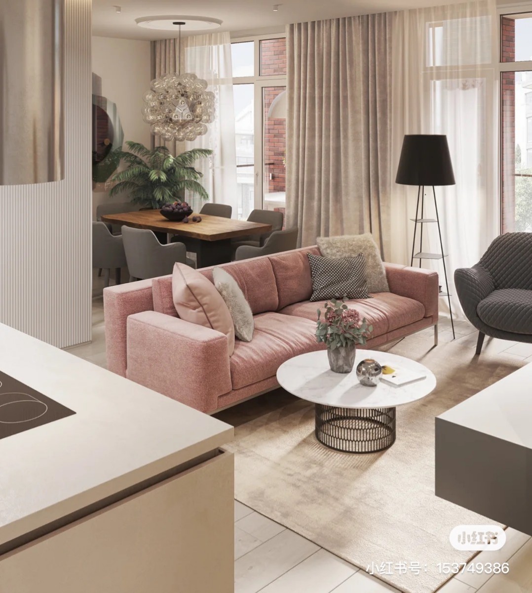 Pink couch in living room