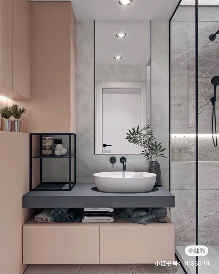Pink bathroom and grey colour palette