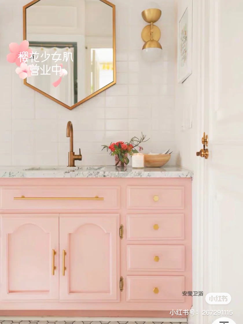 Pink bathroom cupboard and white walls