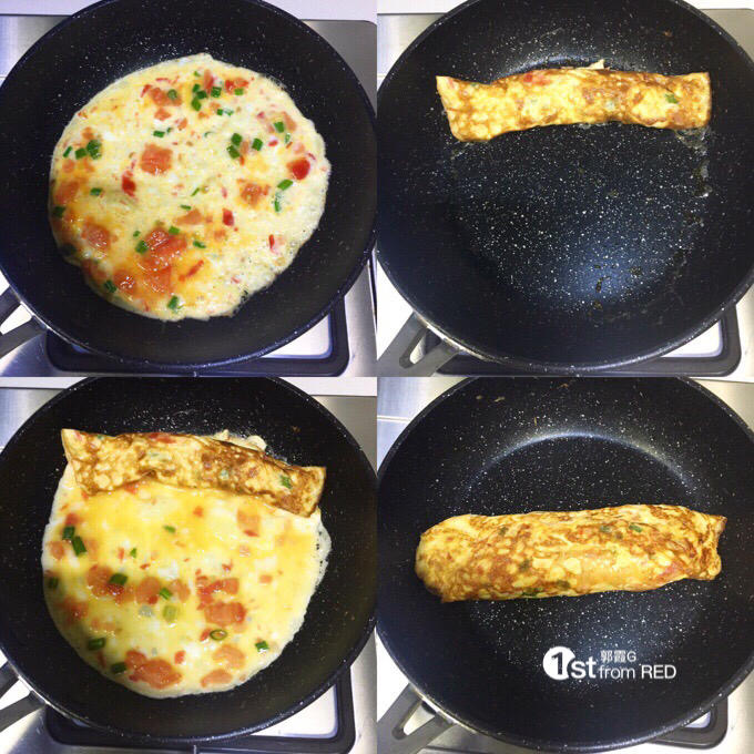 Cooking the tomato and spring onion omelette