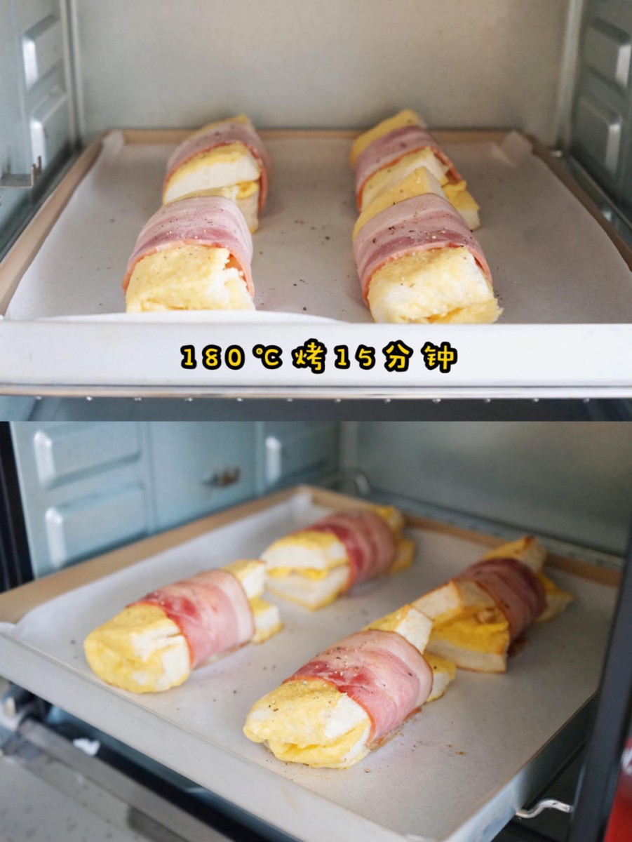 Cooking the egg and bacon toast