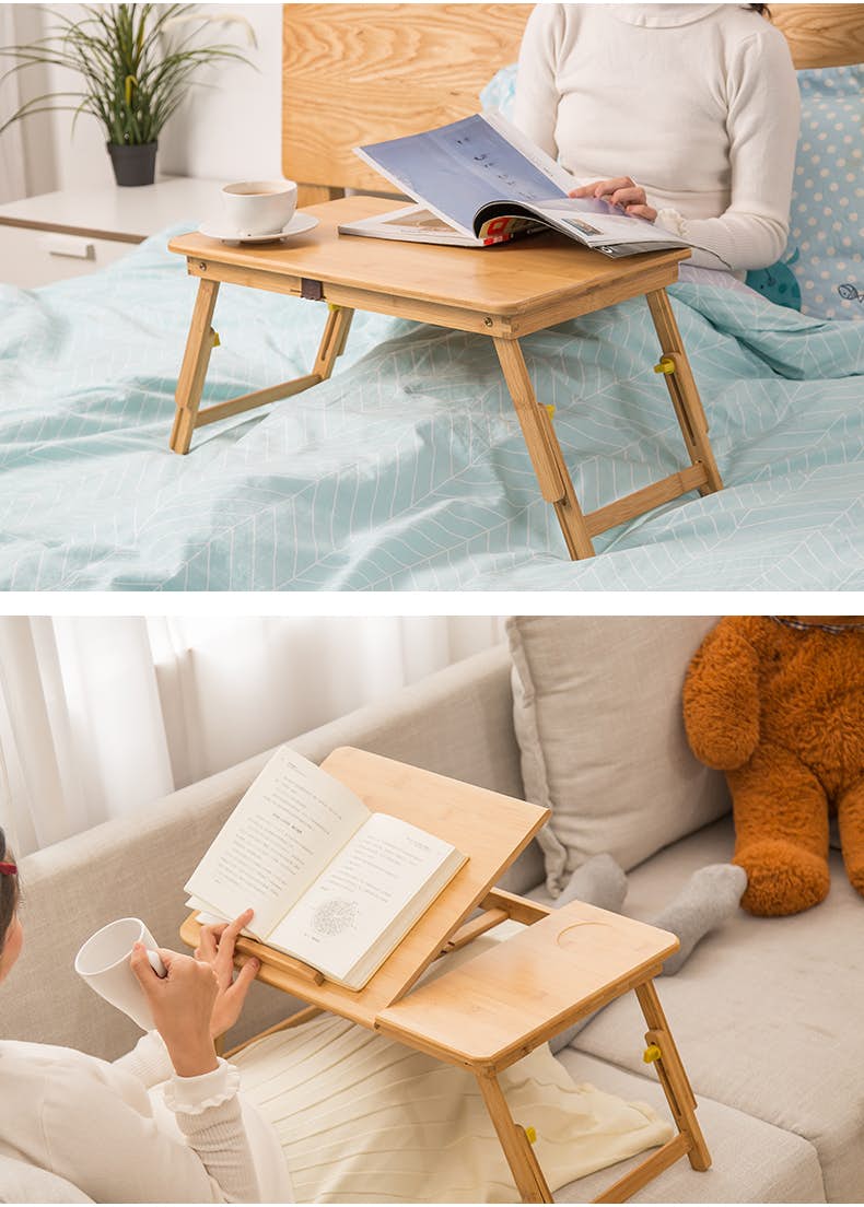 Girl using a lap table on the bed